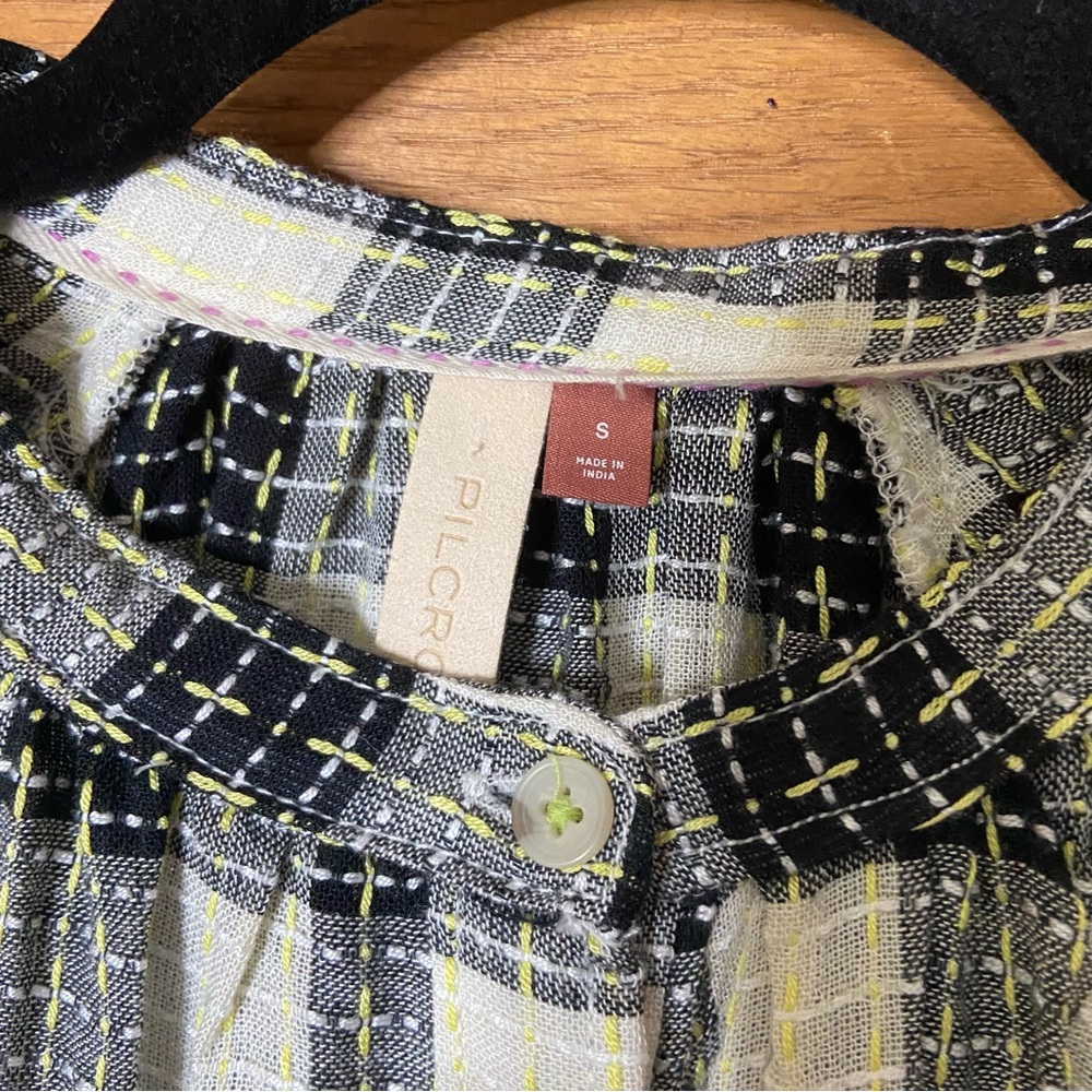 Pilcro Anthropologie Breezy plaid shirt black and white embroidered shirt - Picture 5 of 6